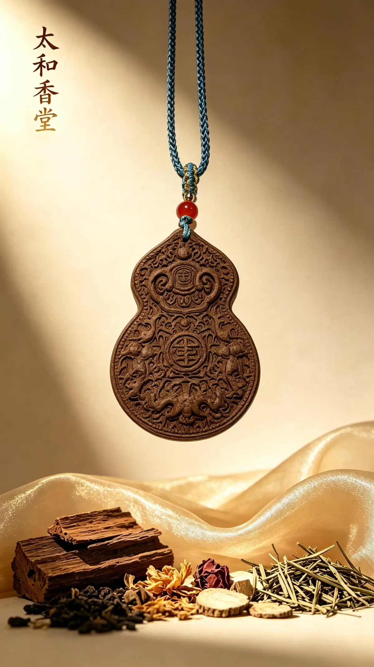 Gourd-shaped Taihe Xiangtang incense pendant on a blue cord