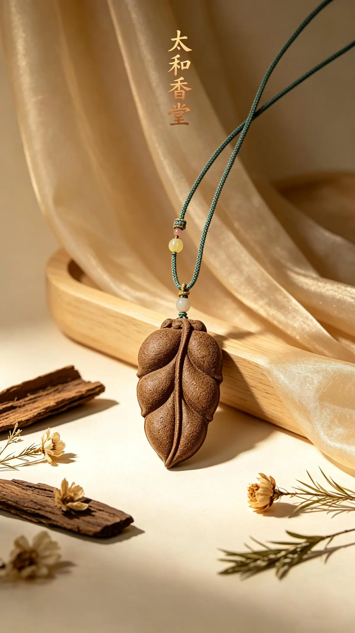 Leaf-shaped Taihe Xiangtang incense pendant with sculpted vein detail