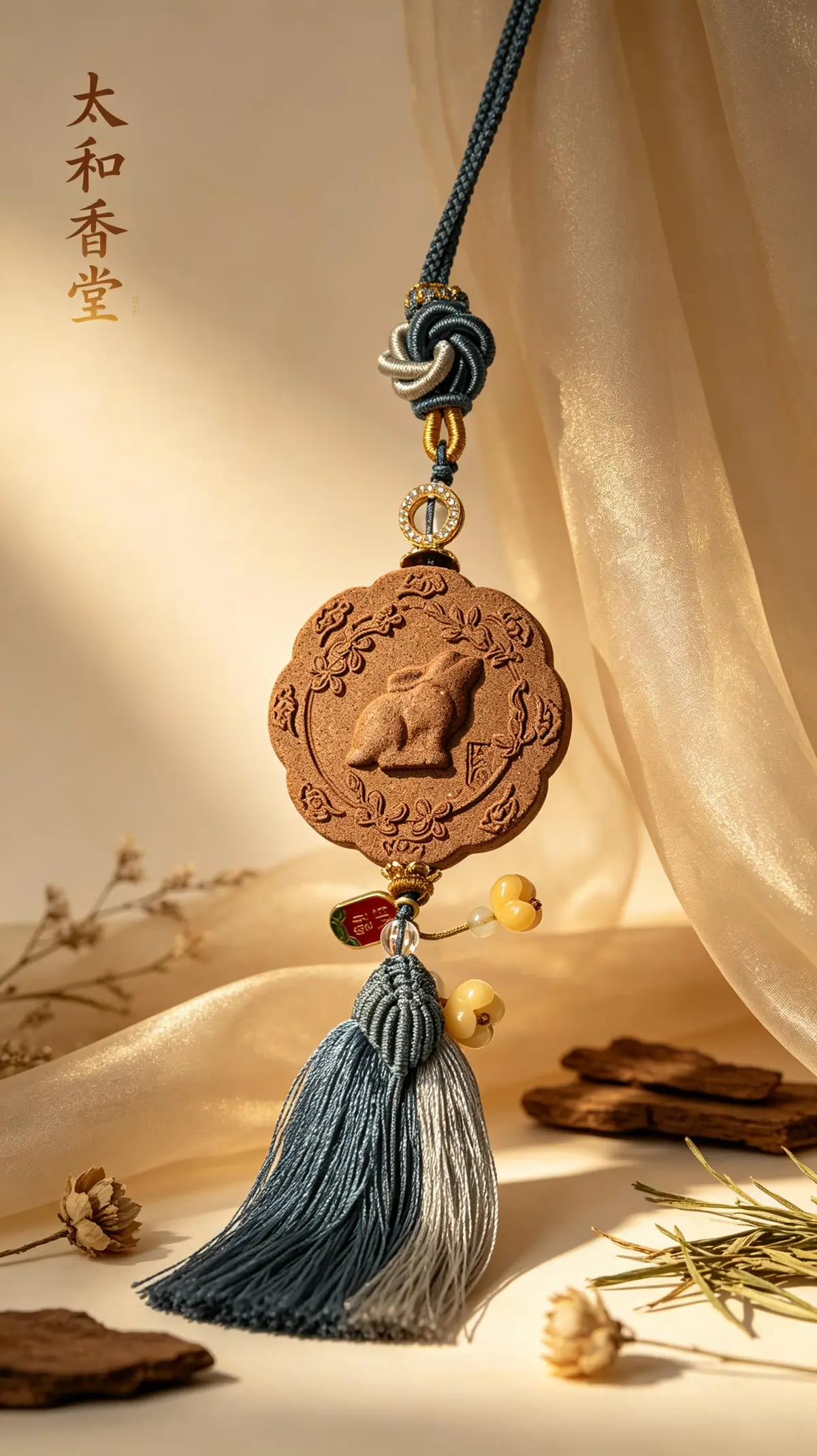 Round Taihe Xiangtang incense plaque with a rabbit motif and tassel