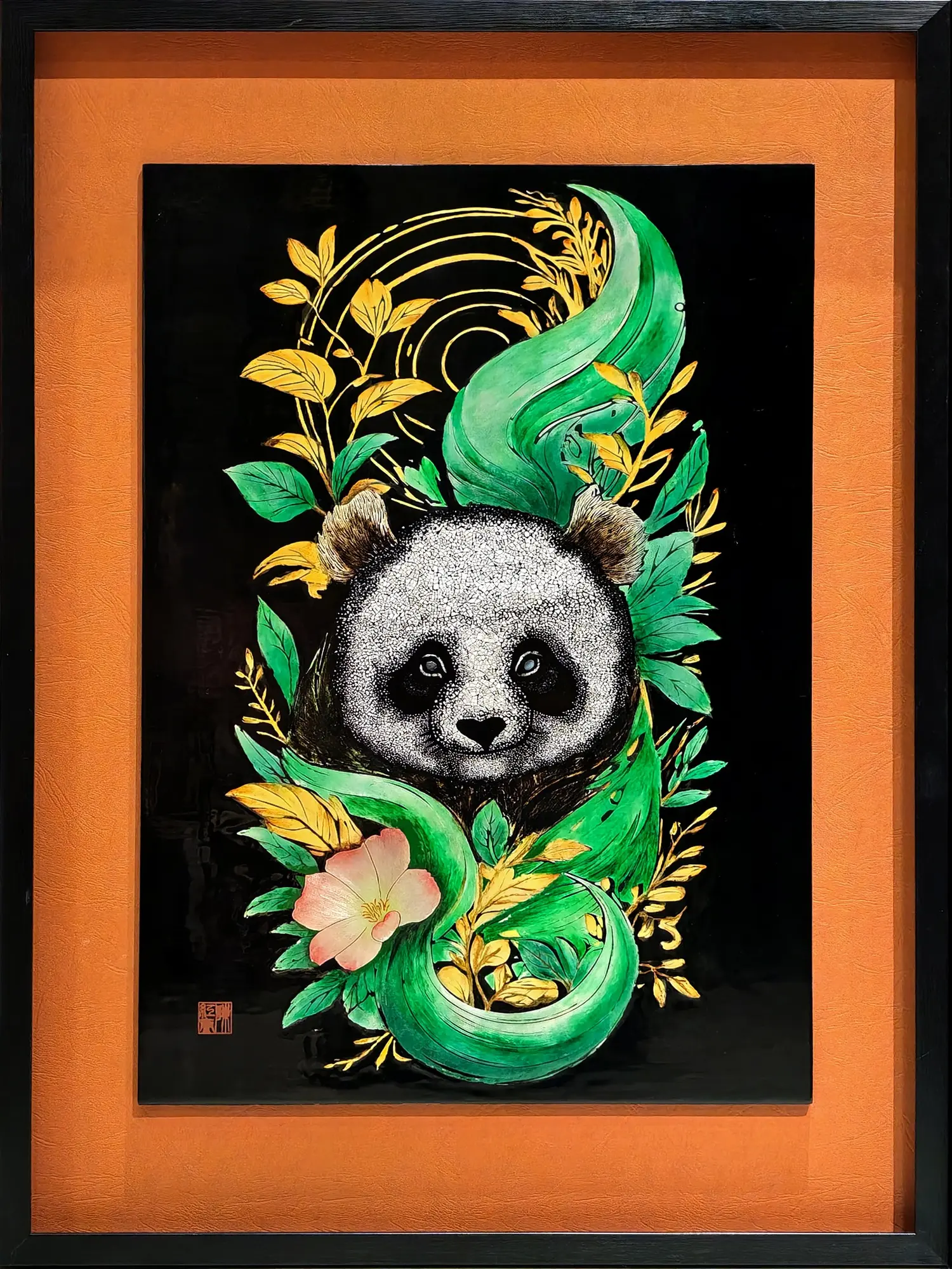 Chengdu lacquer wall artwork featuring pandas and bamboo